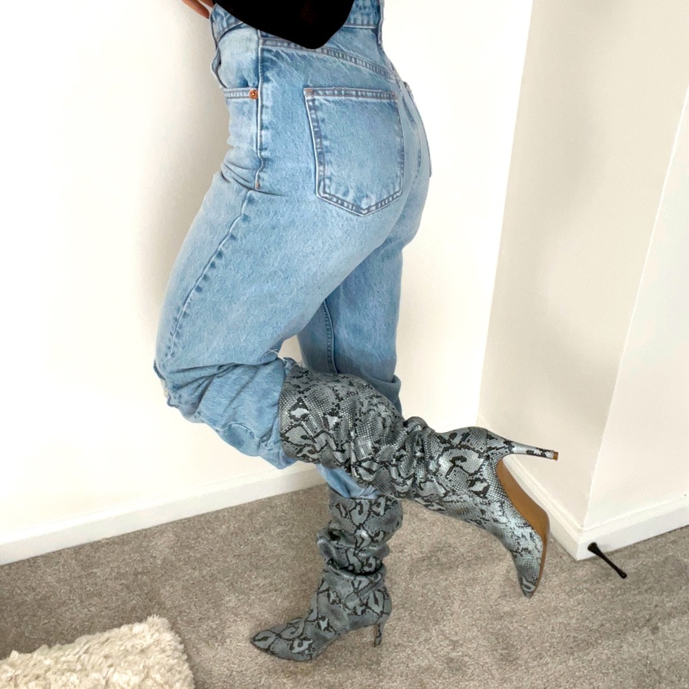 Blue snake skin slouch boots